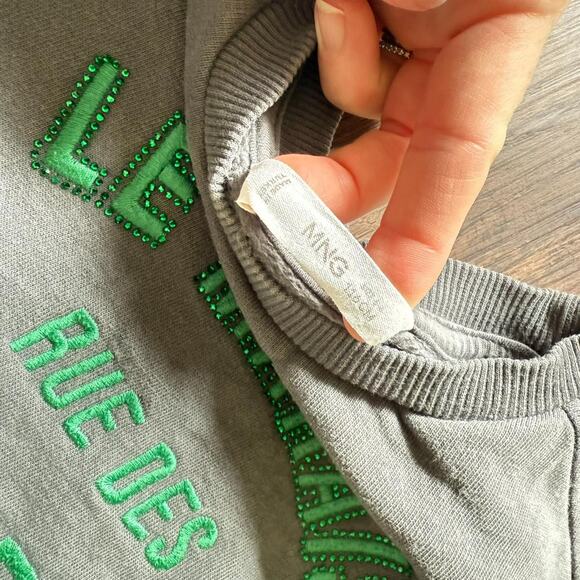 Mango Kids Le Marais Sweatshirt Gray Green Embroidery Size 5-6Y - Picture 4 of 7